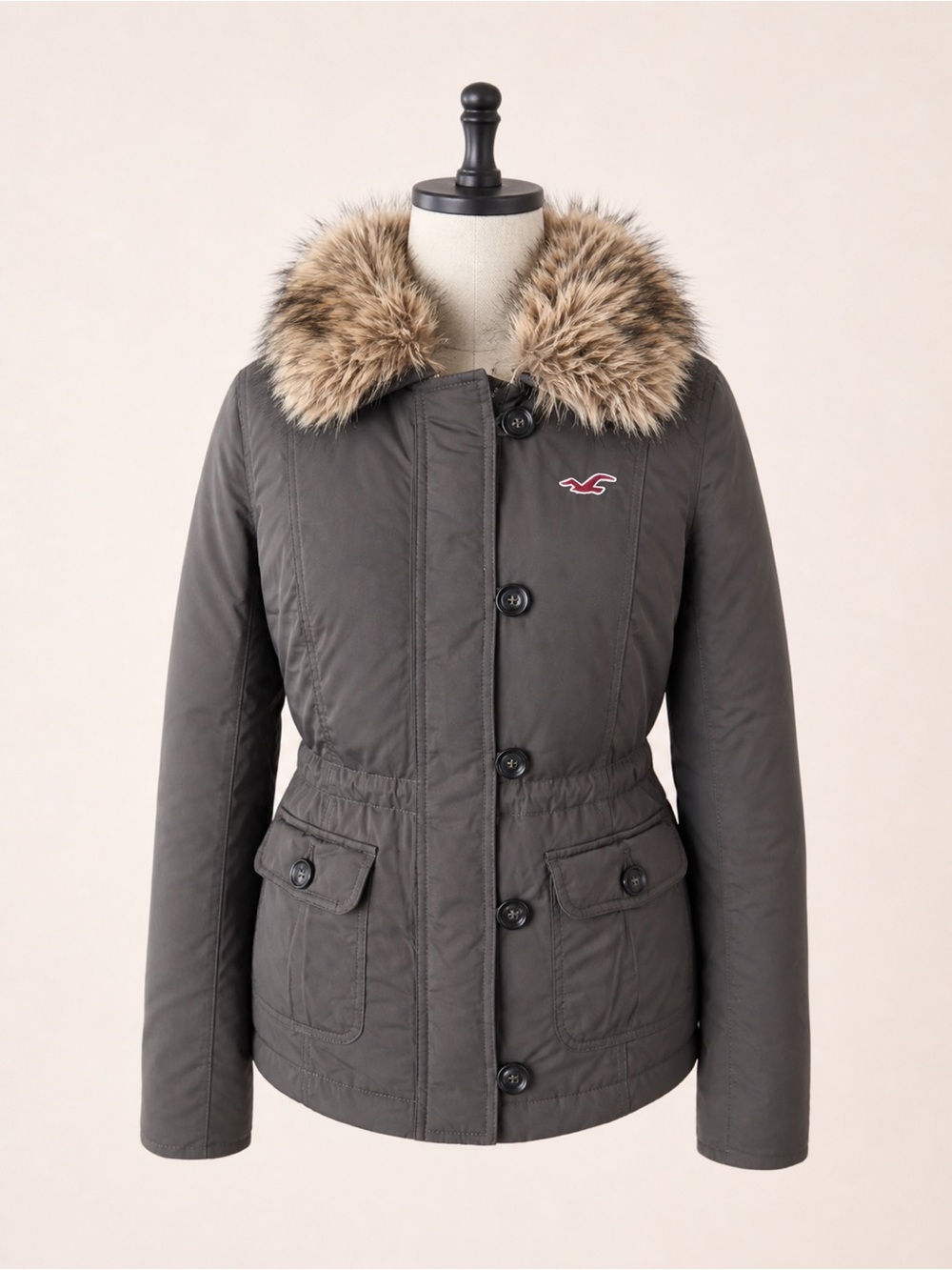 Hollister Women's Dark Gray Puffer Jacket with Faux Fur Trim